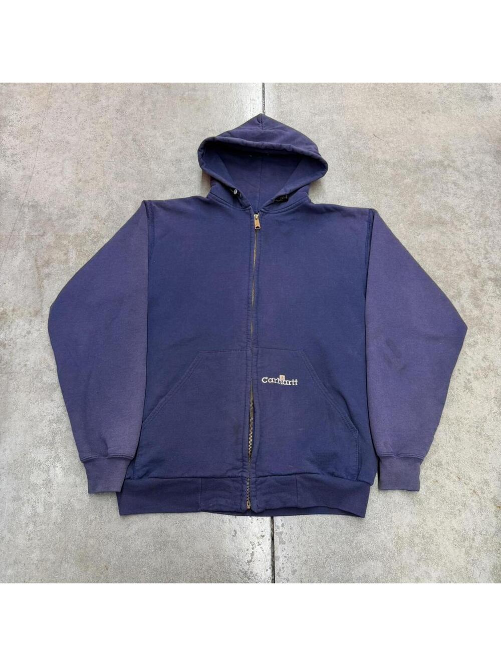 vintage carhartt faded navy thermal lined zip up heavyweight hoodie size medium